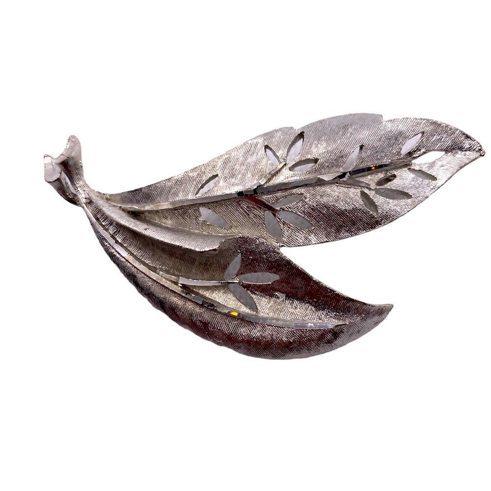 B.S.K. Signed Vintage Brooch Pin Silver Tone Textured Open Work Leaves Fall